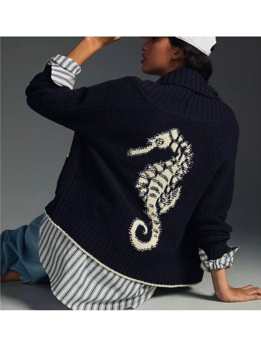 NWT Maeve by Anthropologie Navy Seahorse Shawl Collar Cardigan. Size 1X.